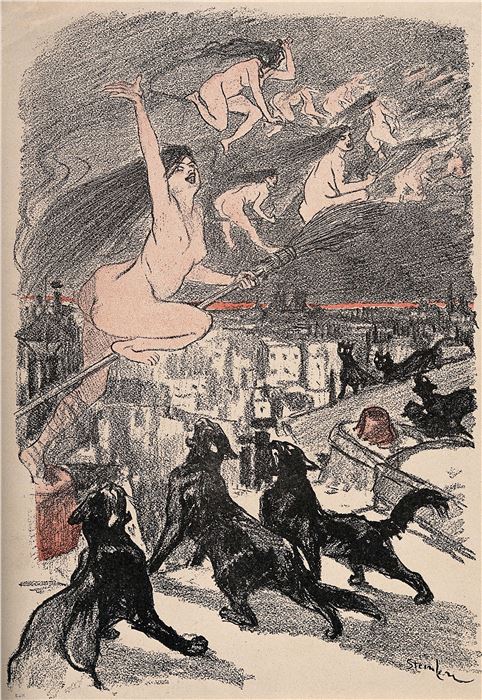 Big black cats howl as naked witches ascend into the night over the city. Color process print after a lithograph by T.A. Steinlen. Wellcome Collection. 